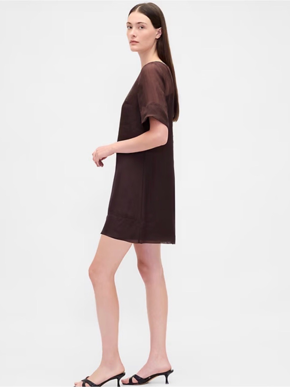 Gap Sheer Organza Mini Shift Dress Espresso Brown Minimalist Wedding Guest NWT